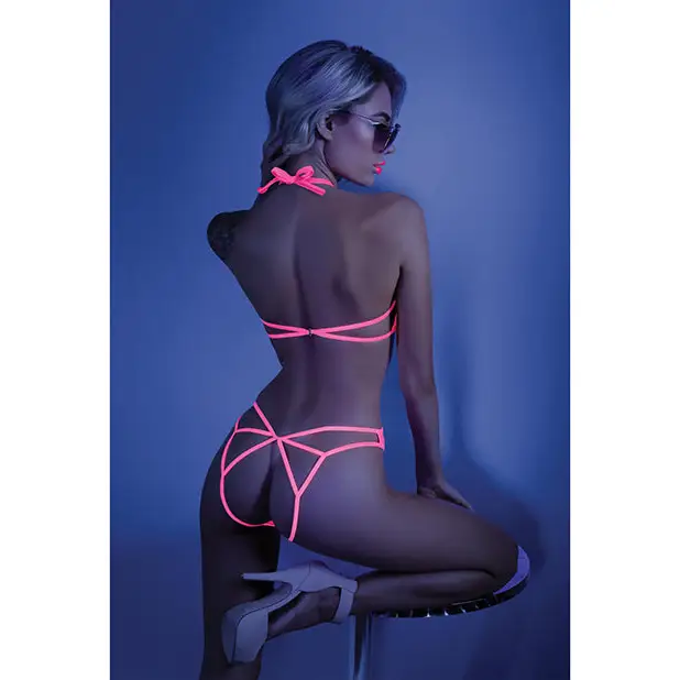 Glow Black Light Halter Bodysuit w/Open Sides Neon Pink L/XL - Lingerie - Packaged