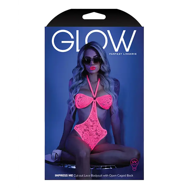 Glow Black Light Halter Bodysuit w/Open Sides Neon Pink M/L - Lingerie - Packaged
