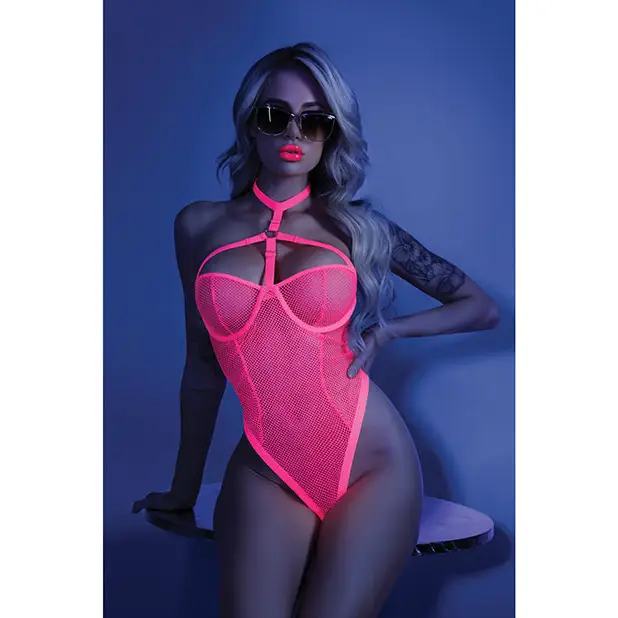 Glow Black Light Harness Mesh Body Suit Neon Pink L/XL - Lingerie - Packaged