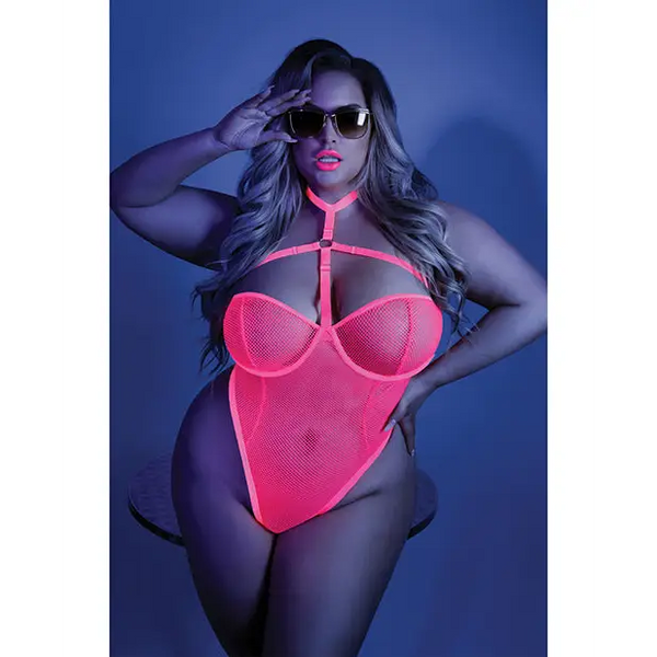 Glow Black Light Harness Mesh Body Suit Neon Pink QN - Lingerie - Plus/Queen - Packaged