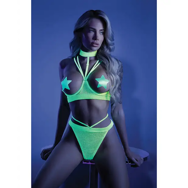 Glow Black Light Harness Open Shelf Bra & Cage Thong (Pasties not Included) Neon Lemon L/XL - Lingerie - Packaged