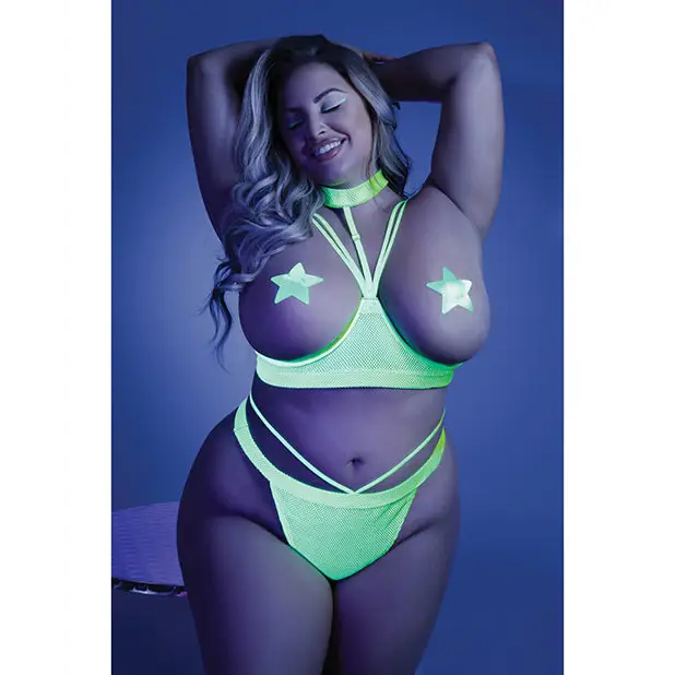 Glow Black Light Harness Open Shelf Bra & Cage Thong (Pasties not Included) Neon Lemon QN - Lingerie - Plus/Queen