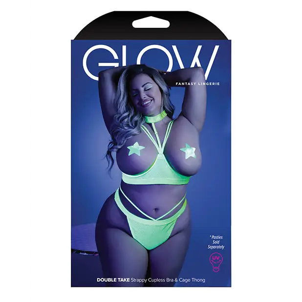Glow Black Light Harness Open Shelf Bra & Cage Thong (Pasties not Included) Neon Lemon QN - Lingerie - Plus/Queen