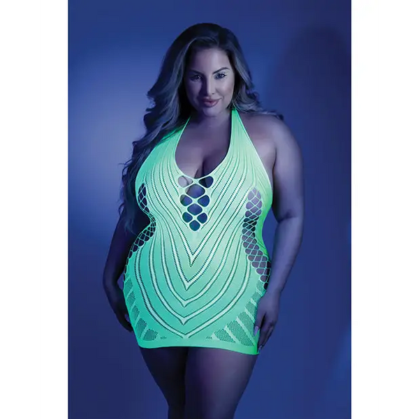 Glow Black Light Net Halter Dress Neon Green QN - Lingerie - Plus/Queen - Packaged