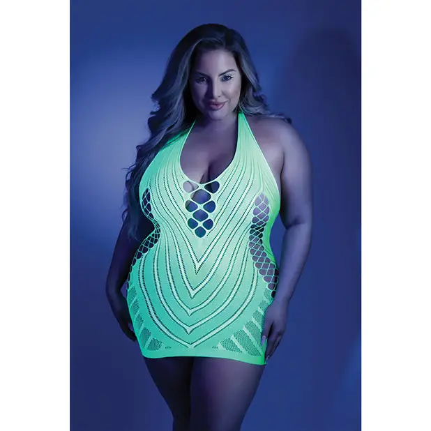 Glow Black Light Net Halter Dress Neon Green QN - Lingerie - Plus/Queen - Packaged