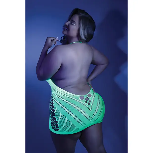 Glow Black Light Net Halter Dress Neon Green QN - Lingerie - Plus/Queen - Packaged