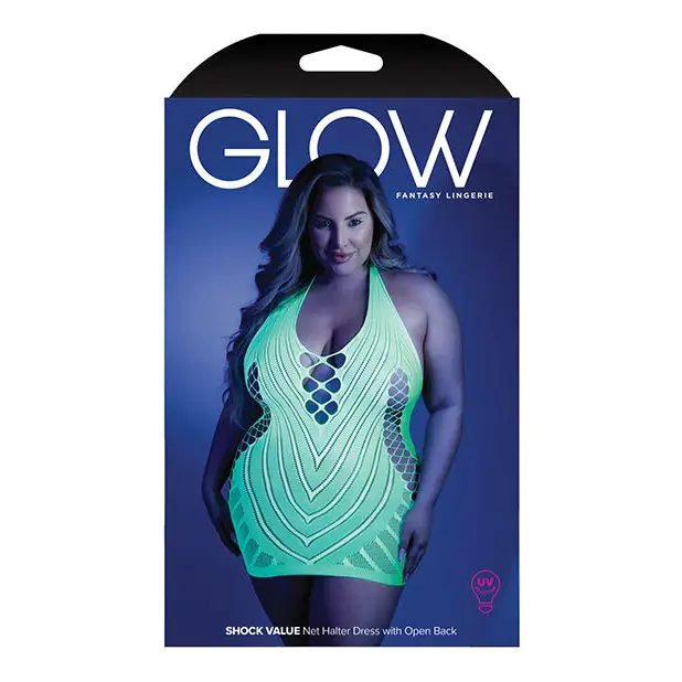 Glow Black Light Net Halter Dress Neon Green QN - Lingerie - Plus/Queen - Packaged