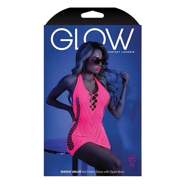 Glow Black Light Net Halter Dress Neon Pink O/S - Lingerie - Packaged