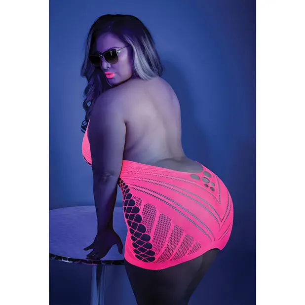 Glow Black Light Net Halter Dress Neon Pink QN - Lingerie - Plus/Queen - Packaged