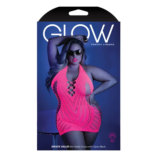 Glow Black Light Net Halter Dress Neon Pink QN - Lingerie - Plus/Queen - Packaged