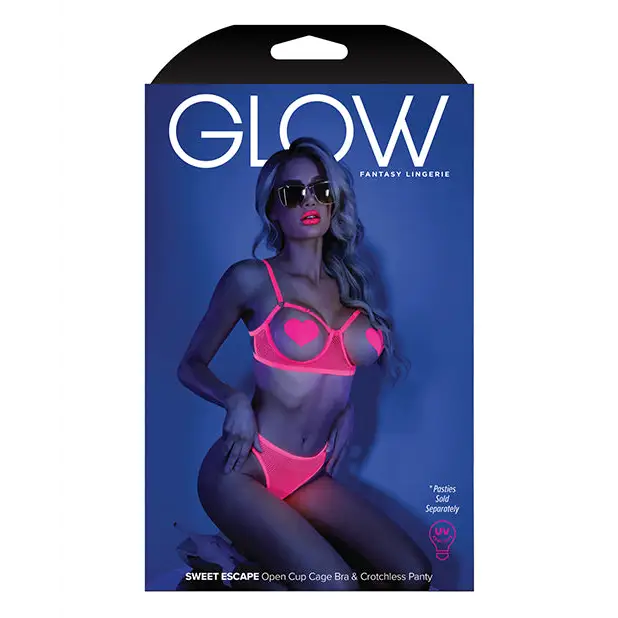 Glow Black Light Open Cup Bra & Crotchless Panties (Pasties Not Included) Neon Pink L/XL - Lingerie - Packaged