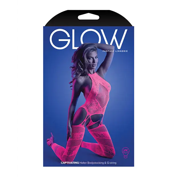 Glow Captivating Halter Bodystocking & G-String Neon Pink O/S - Lingerie - Packaged