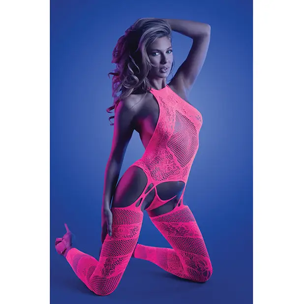 Glow Captivating Halter Bodystocking & G-String Neon Pink O/S - Lingerie - Packaged
