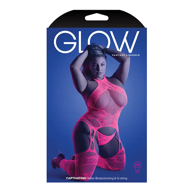 Glow Captivating Halter Bodystocking & G-String Neon Pink QN - Lingerie - Plus/Queen - Packaged