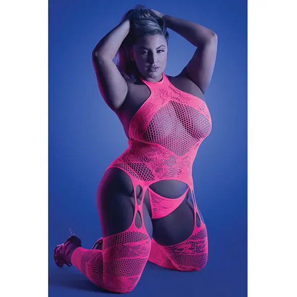 Glow Captivating Halter Bodystocking & G-String Neon Pink QN - Lingerie - Plus/Queen - Packaged