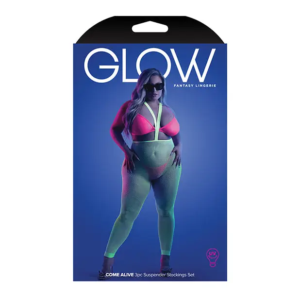 Glow Come Alive Suspender Stockings Bralette & G-String Multi Color QN - Lingerie - Plus/Queen - Packaged