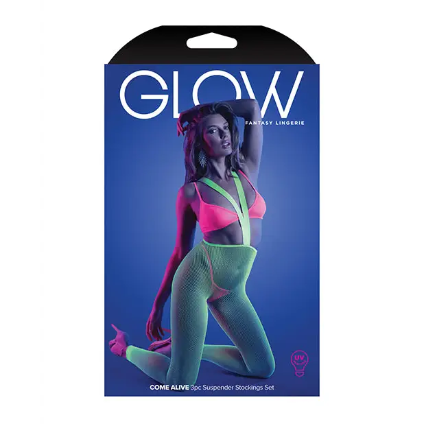 Glow Come Alive Suspender Stockings Bralette & G-String Multi Color O/S - Lingerie - Packaged