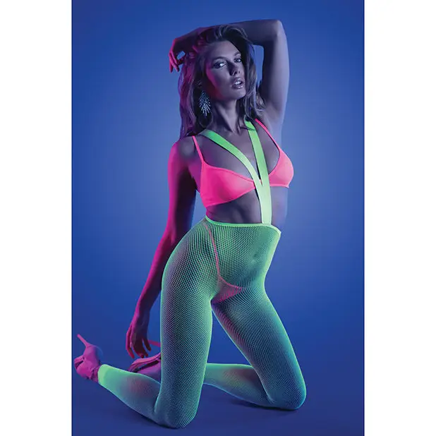Glow Come Alive Suspender Stockings Bralette & G-String Multi Color O/S - Lingerie - Packaged