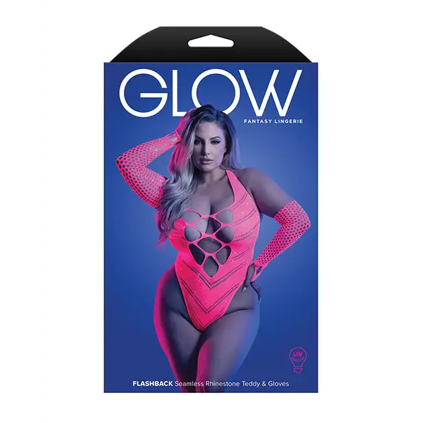Glow Flashback Black Light Reactive Rhinestone Teddy w/Gloves (or Leg Warmers) - Neon Pink QN - Lingerie - Plus/Queen