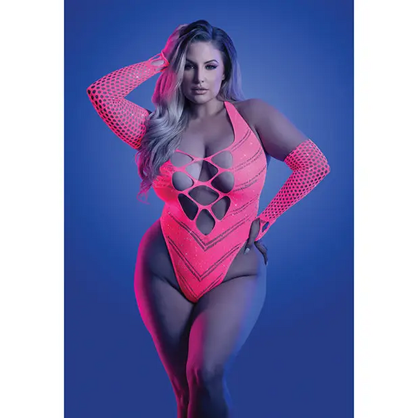 Glow Flashback Black Light Reactive Rhinestone Teddy w/Gloves (or Leg Warmers) - Neon Pink QN - Lingerie - Plus/Queen
