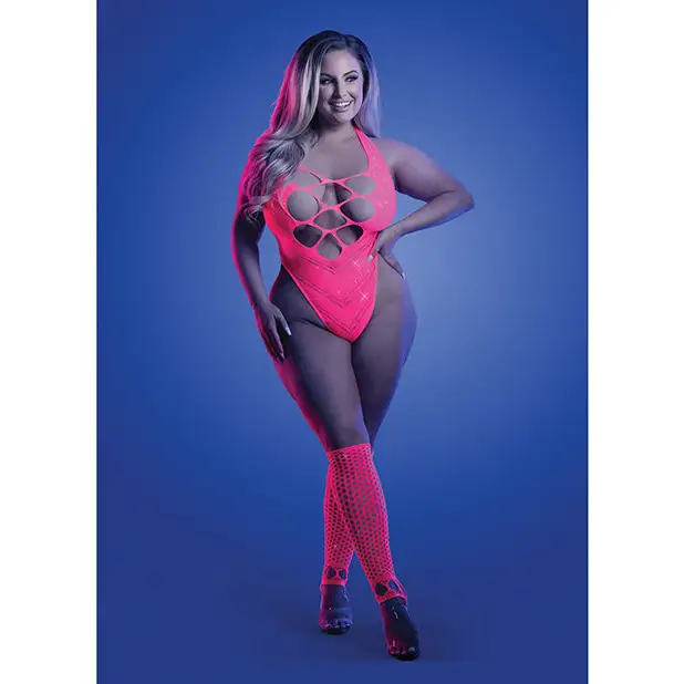Glow Flashback Black Light Reactive Rhinestone Teddy w/Gloves (or Leg Warmers) - Neon Pink QN - Lingerie - Plus/Queen