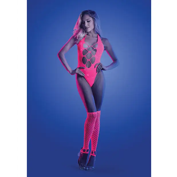 Glow Flashback Black Light Reactive Rhinestone Teddy w/Gloves (or Leg Warmers) - Neon Pink O/S - Lingerie - Packaged