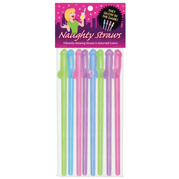 Glow in the Dark Penis Straws - Asst. Colors Pack of 8 - Bachelorette & Party Supplies