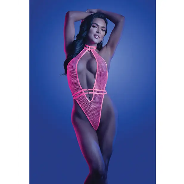 Glow Knockout Fishnet Teddy w/Detachable Thong - Neon Pink L/XL - Lingerie - Packaged