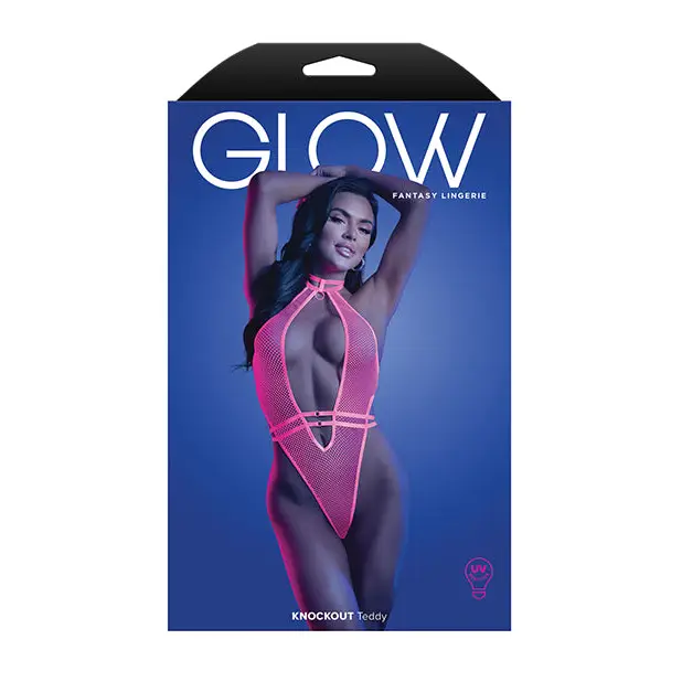 Glow Knockout Fishnet Teddy w/Detachable Thong - Neon Pink L/XL - Lingerie - Packaged