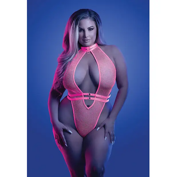 Glow Knockout Fishnet Teddy w/Detachable Thong - Neon Pink QN - Lingerie - Plus/Queen - Packaged