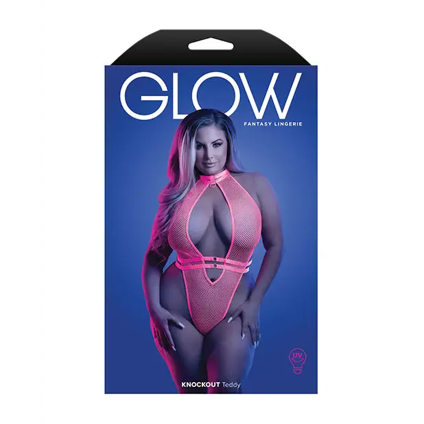 Glow Knockout Fishnet Teddy w/Detachable Thong - Neon Pink QN - Lingerie - Plus/Queen - Packaged