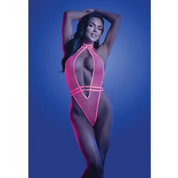 Glow Knockout Fishnet Teddy w/Detachable Thong - Neon Pink S/M - Lingerie - Packaged