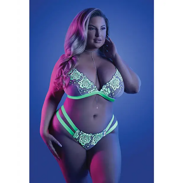 Glow Night Vision Glow In the Dark Bralette & Cage Panty QN - Lingerie - Plus/Queen - Packaged