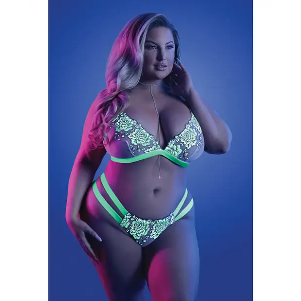 Glow Night Vision Glow In the Dark Bralette & Cage Panty QN - Lingerie - Plus/Queen - Packaged