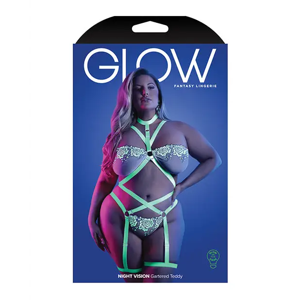 Glow Night Vision Glow In the Dark Gartered Teddy QN - Lingerie - Plus/Queen - Packaged