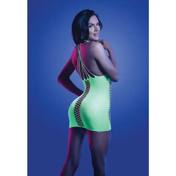 Glow Synthesize UV Reactive Seamless Halter Dress - Neon Green O/S - Lingerie - Packaged