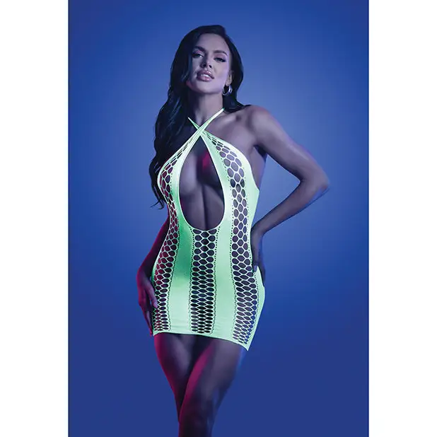 Glow Synthesize UV Reactive Seamless Halter Dress - Neon Green O/S - Lingerie - Packaged