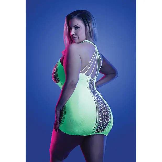 Glow Synthesize UV Reactive Seamless Halter Dress - Neon Green QN - Lingerie - Plus/Queen - Packaged