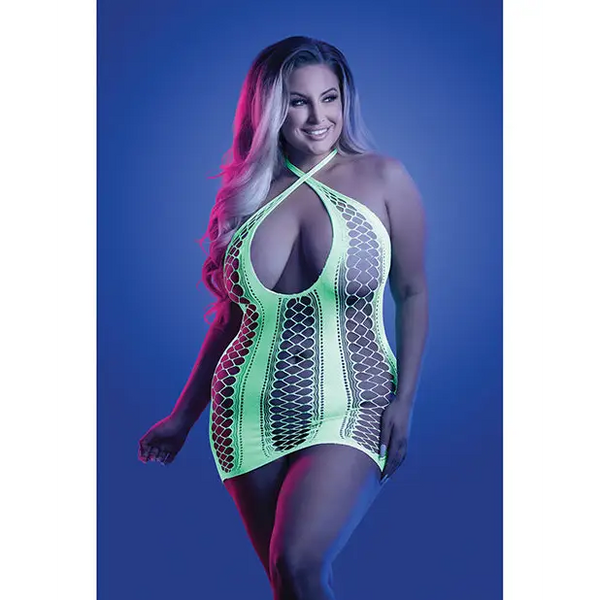 Glow Synthesize UV Reactive Seamless Halter Dress - Neon Green QN - Lingerie - Plus/Queen - Packaged