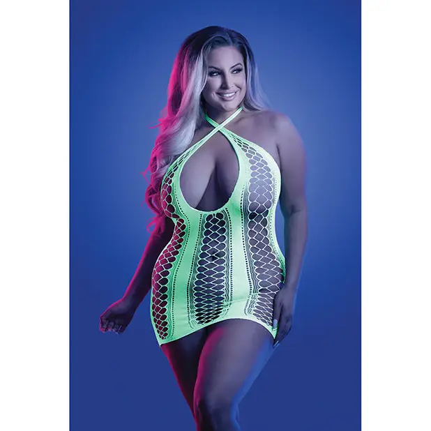 Glow Synthesize UV Reactive Seamless Halter Dress - Neon Green QN - Lingerie - Plus/Queen - Packaged