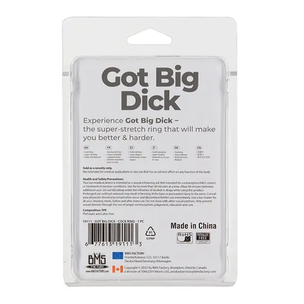 Got Big Dick Single Bumper Ring - Black - Penis Enhancement