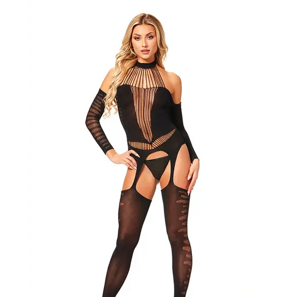 Halter Body Stocking Jumpsuit Black O/S - Lingerie - Packaged