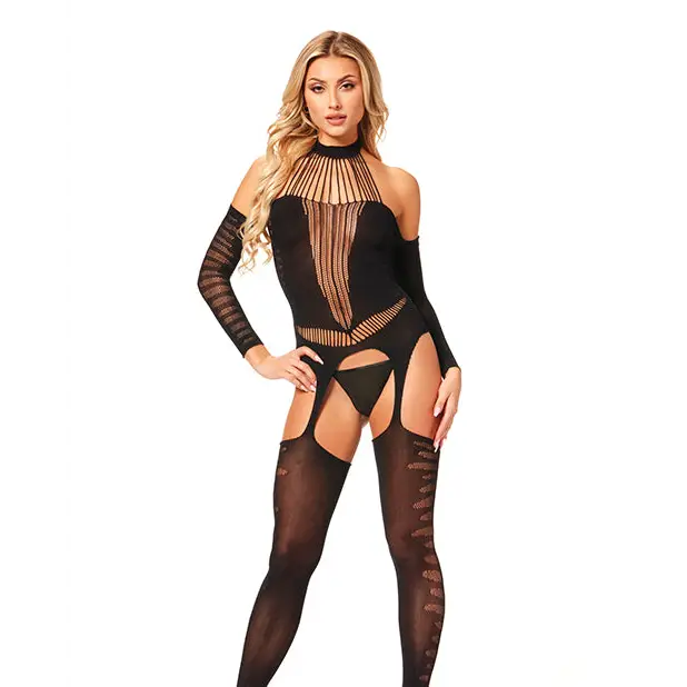 Halter Body Stocking Jumpsuit Black O/S - Lingerie - Packaged