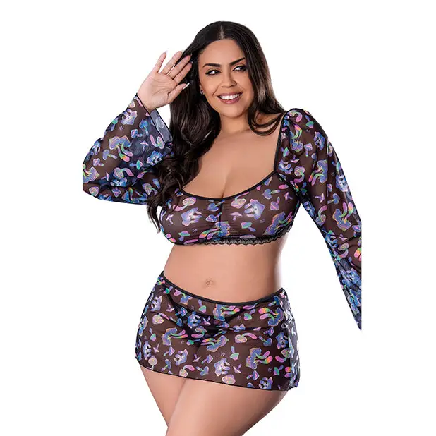 Hazy Dayz Shrooms Crop Top w/Skirt & Thong - Black QN - Lingerie - Plus/Queen - Packaged