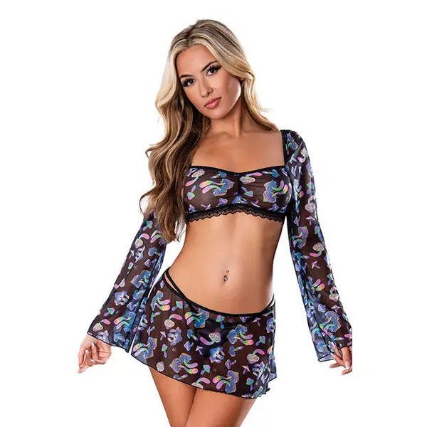 Hazy Dayz Shrooms Crop Top w/Skirt & Thong - Black S/M - Lingerie - Packaged
