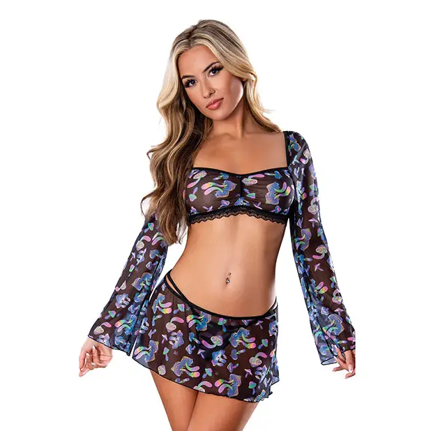 Hazy Dayz Shrooms Crop Top w/Skirt & Thong - Black S/M - Lingerie - Packaged