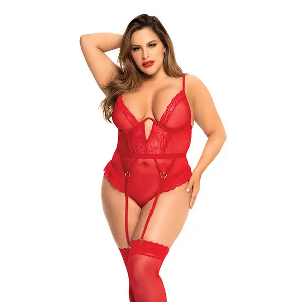 Heart Lace Underwire Bodysuit Red 1X/2X - Lingerie - Plus/Queen - Packaged