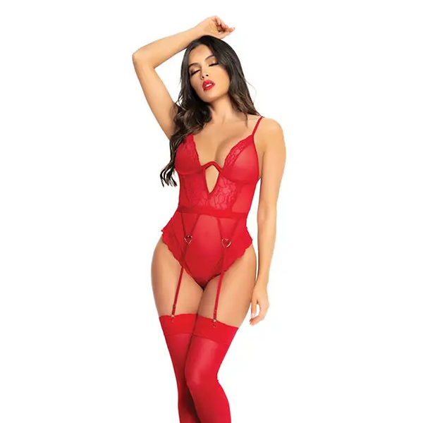 Heart Lace Underwire Bodysuit Red S/M - Lingerie - Packaged