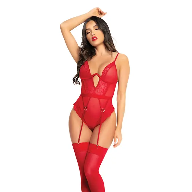Heart Lace Underwire Bodysuit Red S/M - Lingerie - Packaged