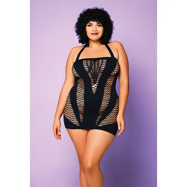 Heart of Chaos Seamless Chemise w/Halter Strap & Vertical V Cut Outs Black QN - Lingerie - Plus/Queen - Packaged